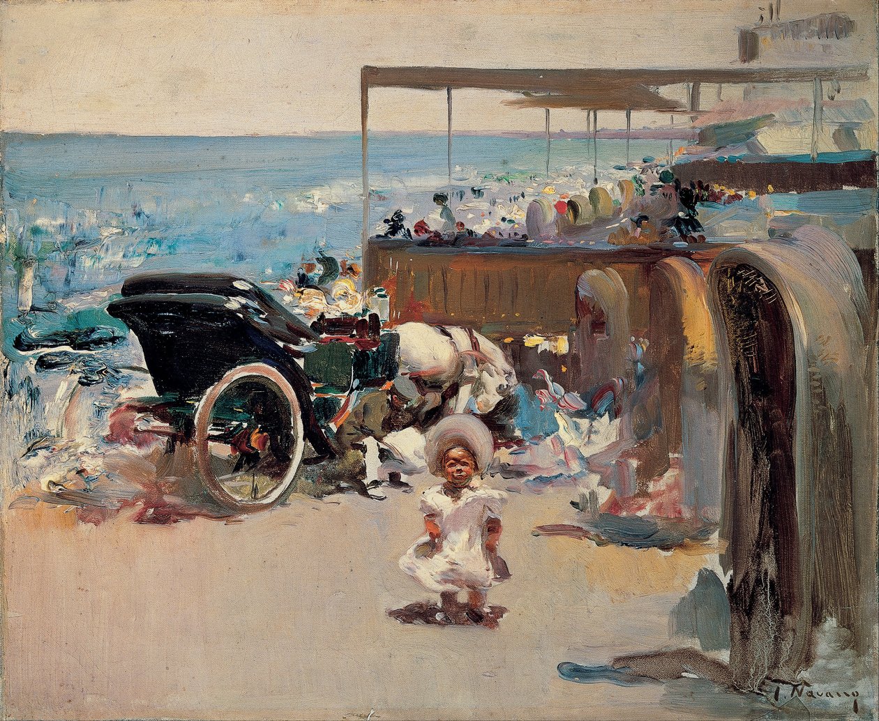 Wózek konny i dziecko na plaży autorstwa José Navarro Llorens