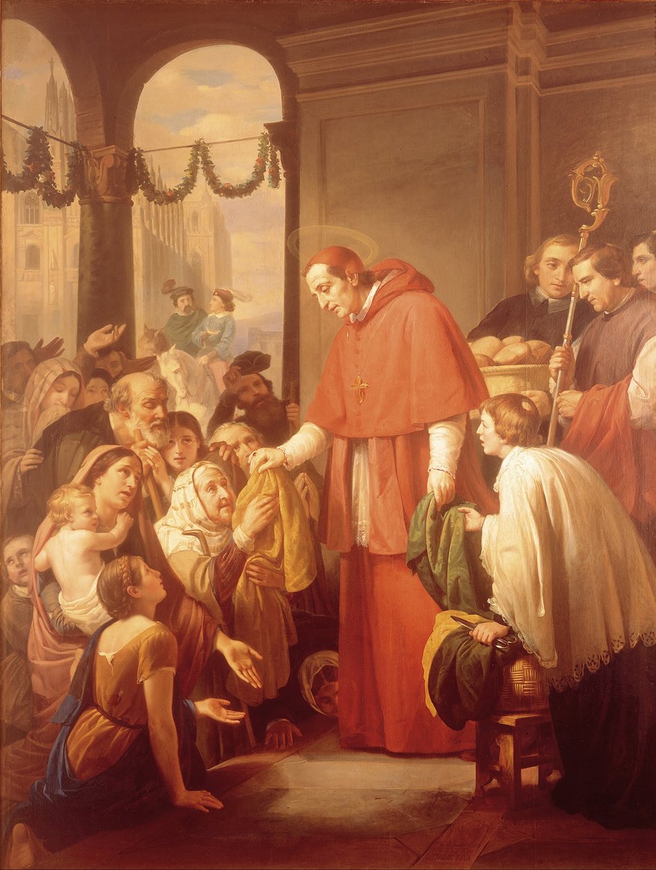 Święty Karol Boromeusz rozdający jałmużnę ludziom autorstwa José Salomé Pina
