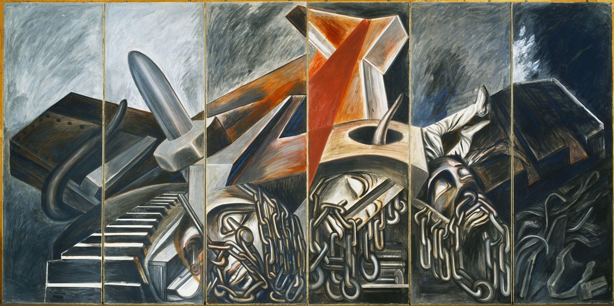 Bombowiec nurkujący i czołg, 1940. autorstwa José Clemente Orozco