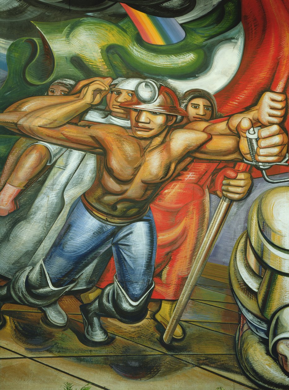 Procesja robotników i górników z cyklu „Naród meksykański woła o zabezpieczenie społeczne” (fresk) autorstwa José Clemente Orozco