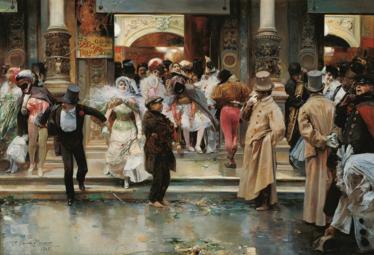 Opuszczanie balu maskowego - Garcia y Ramos, Jose (1852-1912) - 1905 - Olej na płótnie - 70,5x104,1 - Museo Carmen Thyssen, Malaga autorstwa José García Ramos