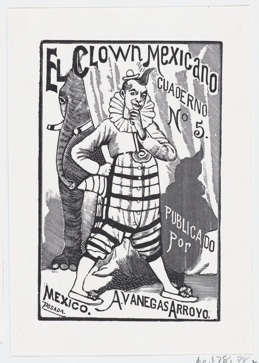 Klaun stojący z jedną ręką na biodrze i słoń spoglądający z tyłu..., ok. godz. 1880-1910. autorstwa José Guadalupe Posada