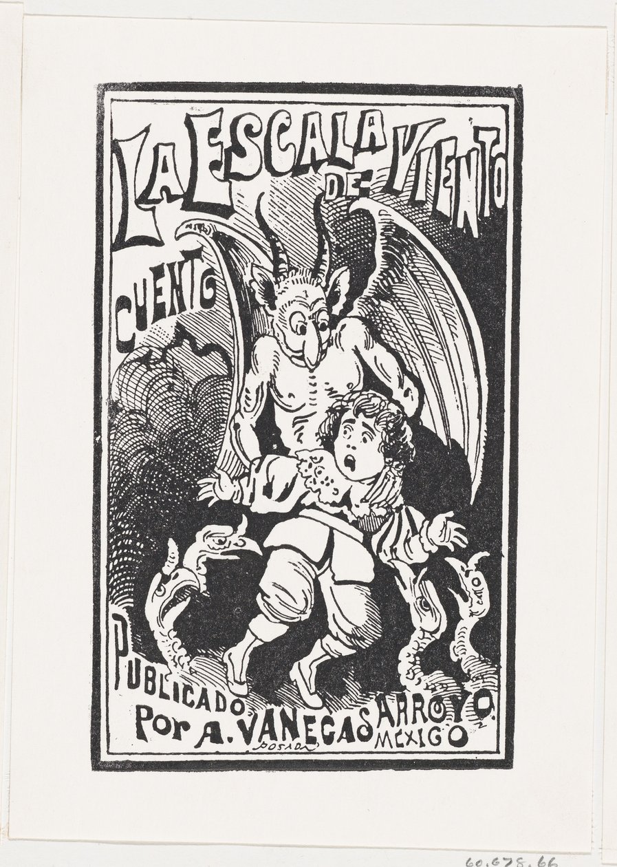 Demon trzymający za ramiona młodego chłopca nad grupą sępów, ilustr..., ok. godz. 1880-1910. autorstwa José Guadalupe Posada