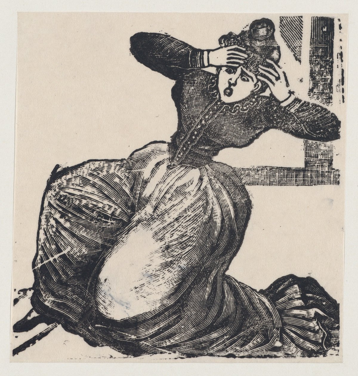 Dysząca kobieta na ziemi z rękami podniesionymi do głowy, z burty zatytułowanej..., 1893. autorstwa José Guadalupe Posada