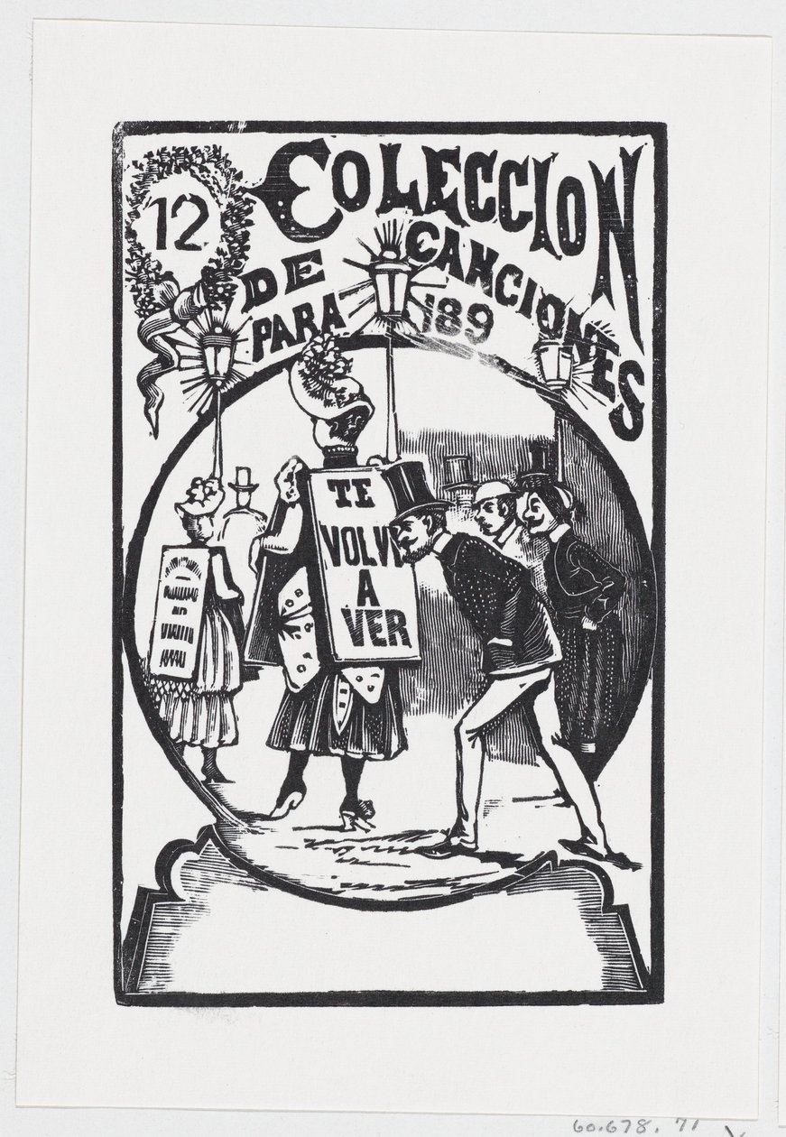 Mężczyzna schyla się, by spojrzeć na kobietę ze znakiem na plecach, ilustracja do „…, ca. 1890. autorstwa José Guadalupe Posada