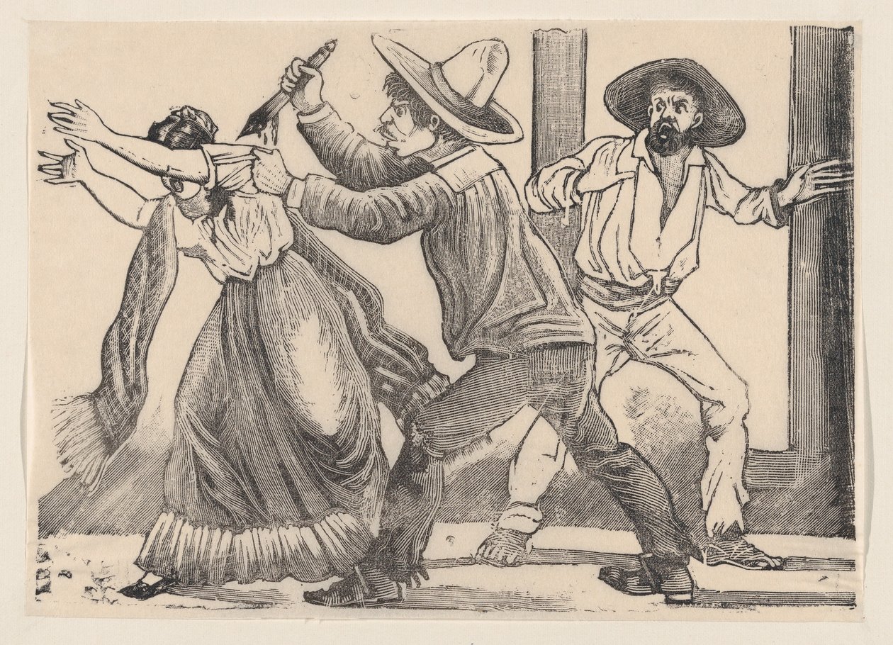 Mężczyzna chwyta kobietę za rękaw i dźga ją nożem z burty zatytułowanej „Murd…”, 1891. autorstwa José Guadalupe Posada