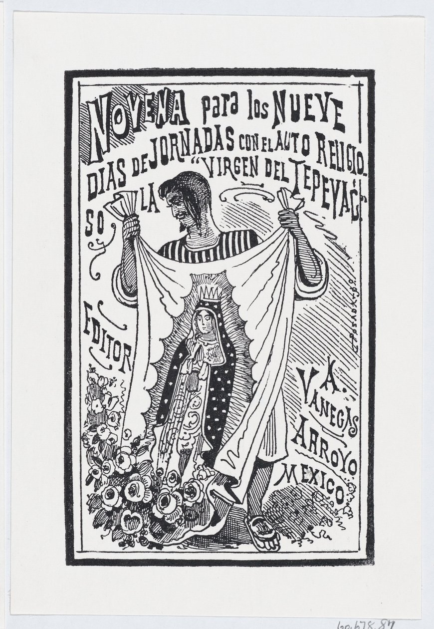 Mężczyzna trzymający kawałek materiału z wizerunkiem Matki Boskiej, ilustracja do ..., ca. 1880-1910. autorstwa José Guadalupe Posada