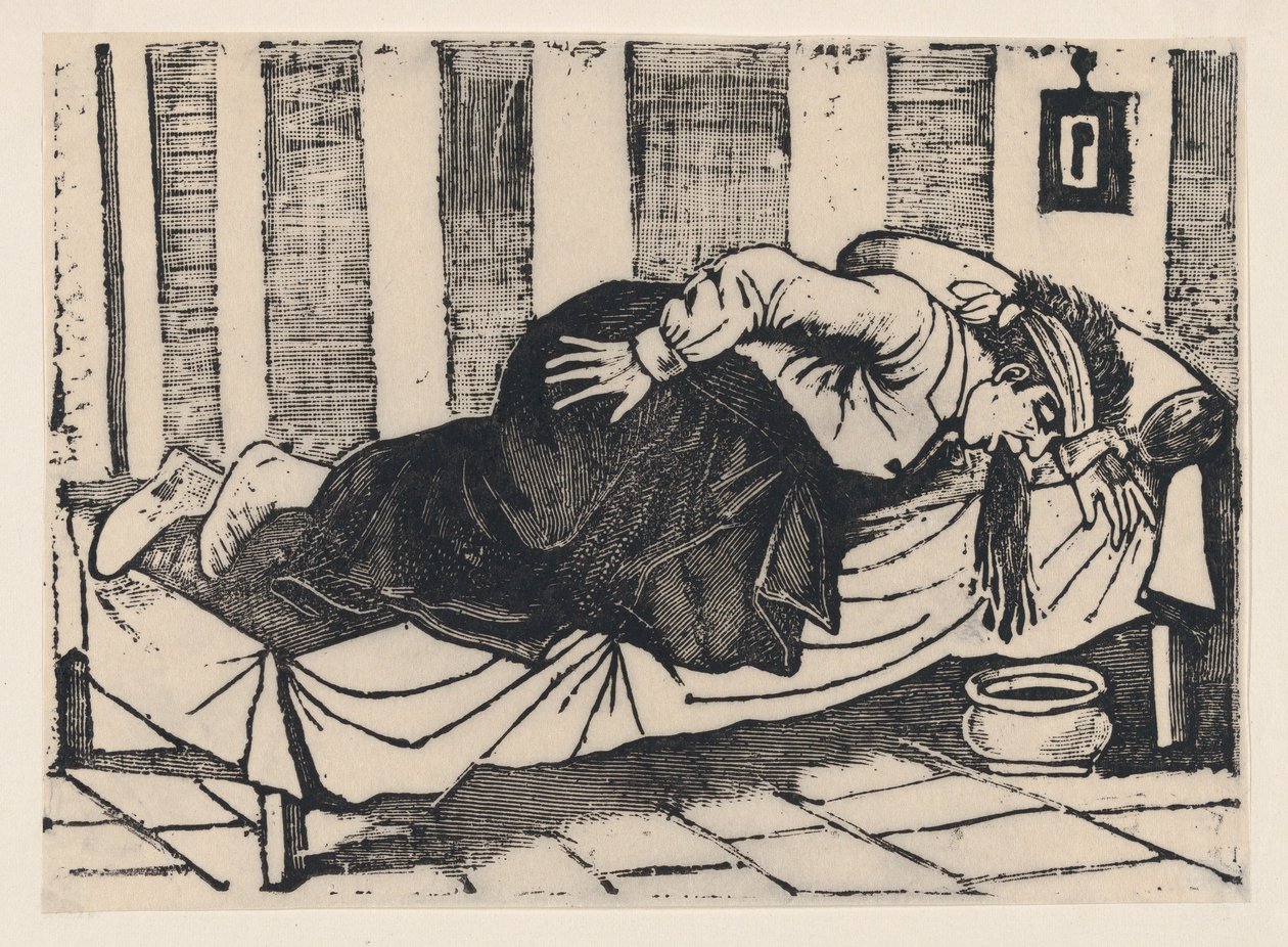 Mężczyzna pochylający się nad łóżkiem wymiotujący z burty zatytułowanej „Śmierć Aurelio…, 1892. autorstwa José Guadalupe Posada