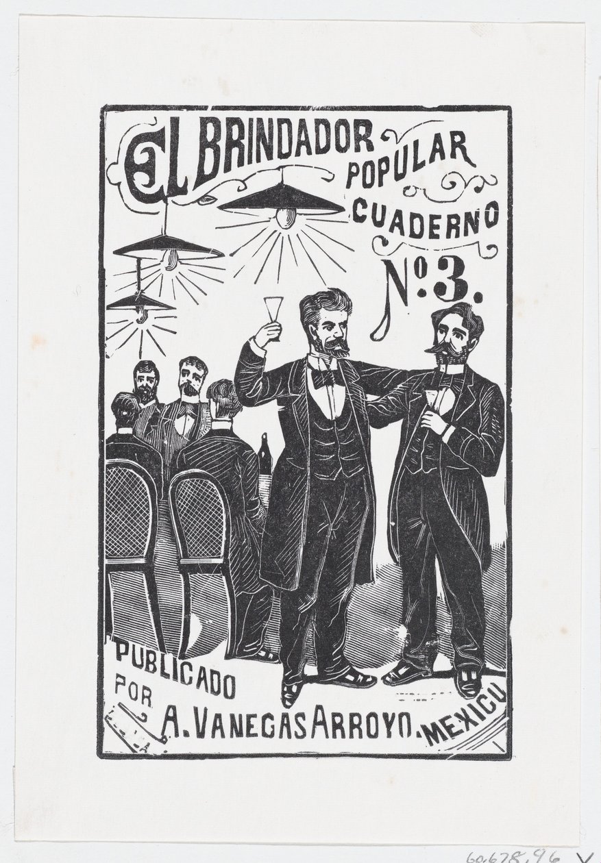 Mężczyzna podnoszący kieliszek z grupą mężczyzn siedzących przy stole w tle..., ok. godz. 1890-1899. autorstwa José Guadalupe Posada