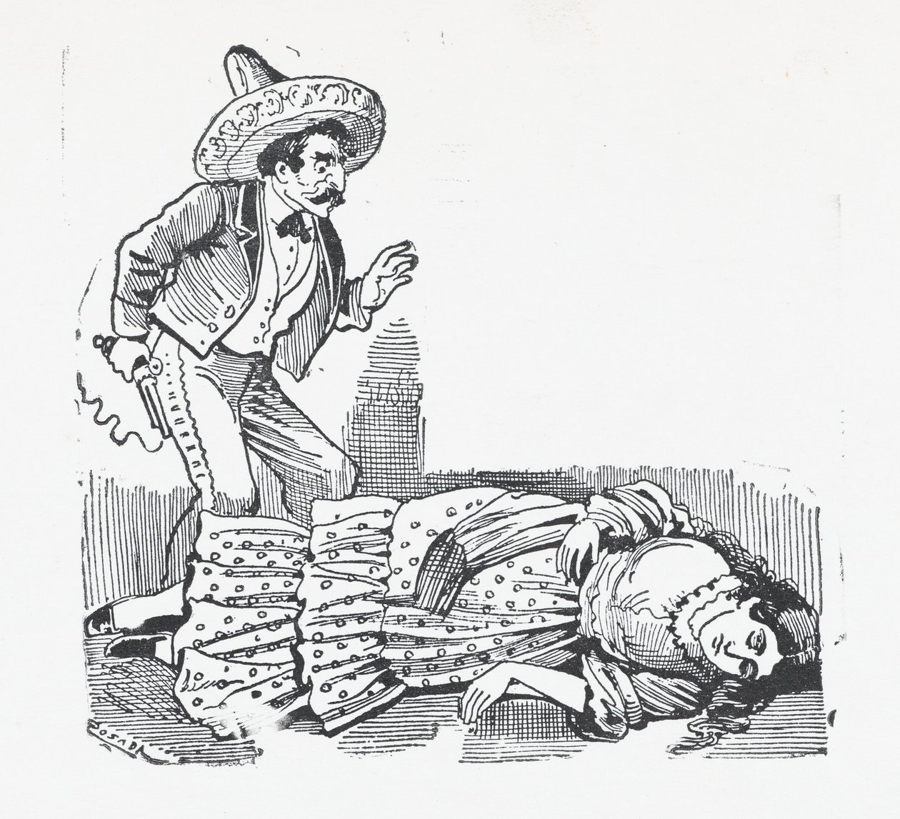 Mężczyzna z pistoletem stojący nad kobietą, którą właśnie zastrzelił, ok. 1880-1910., ca. 1880-1910. autorstwa José Guadalupe Posada