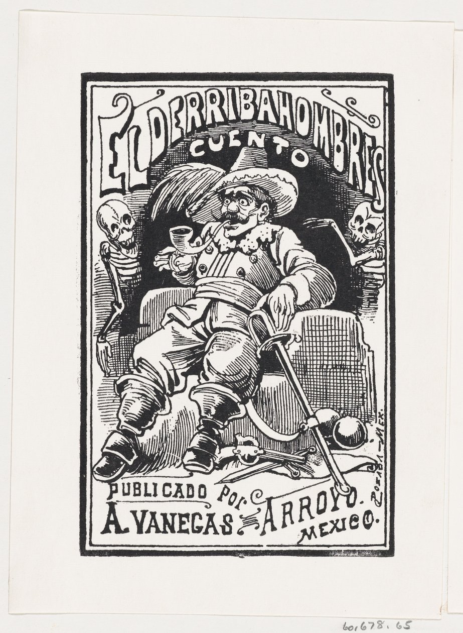 Mężczyzna z bronią i fajką w ustach, po bokach dwa szkielety, ilustracja..., ca. 1880-1910. autorstwa José Guadalupe Posada