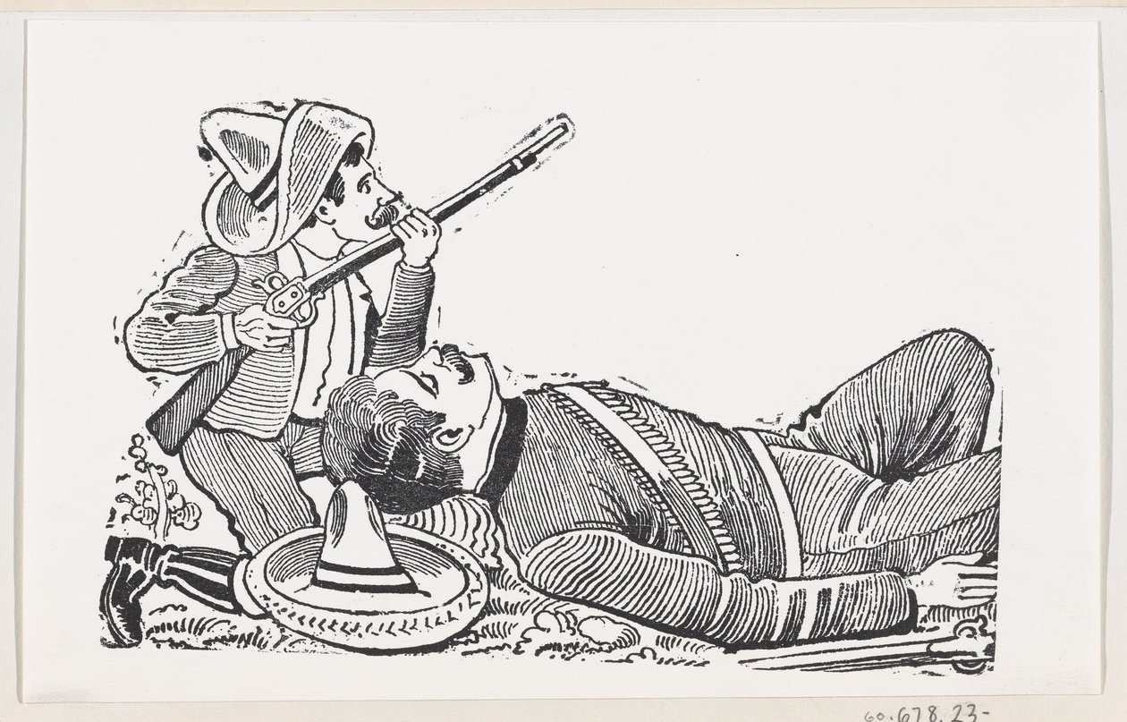 Rewolucjonista trzymający strzelbę i klęczący w obronie poległego rewolucjonisty, ok..., ca. 1880-1910. autorstwa José Guadalupe Posada