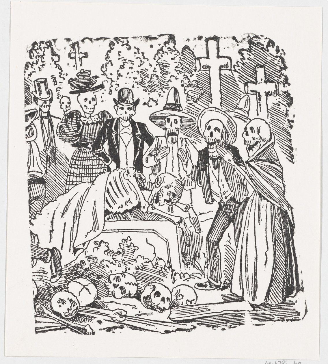Szkielet przykryty prześcieradłem płaczący na cmentarzu, z burty zatytułowanej „…, ca. 1880-1910. autorstwa José Guadalupe Posada