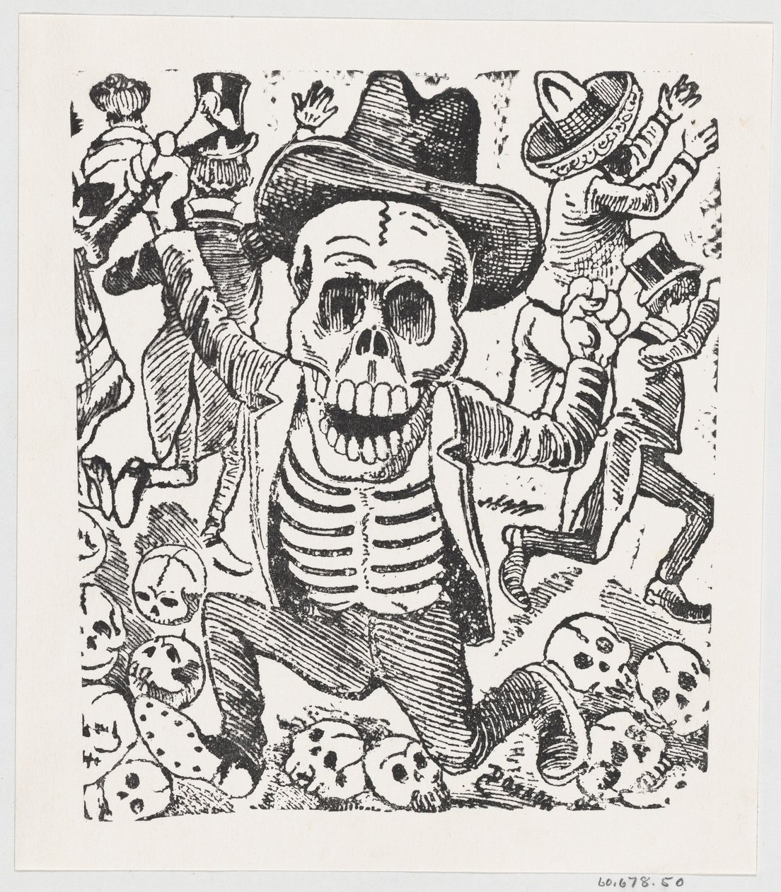 Szkielet trzymający kość i przeskakujący stos czaszek, podczas gdy ludzie uciekają, fr..., ok. godz. 1907. autorstwa José Guadalupe Posada
