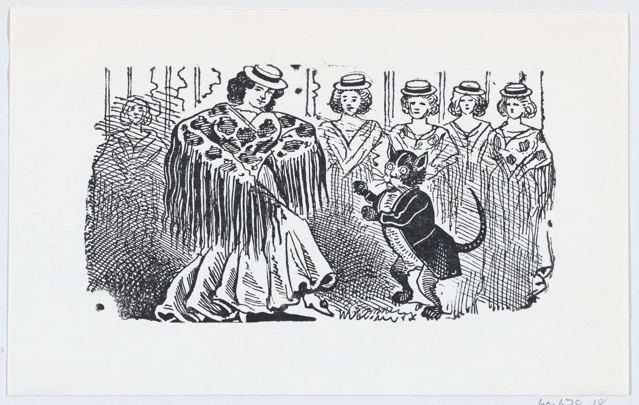 Kobieta tańcząca z kotem w garniturze, ca. 1880-1910., ca. 1880-1910. autorstwa José Guadalupe Posada
