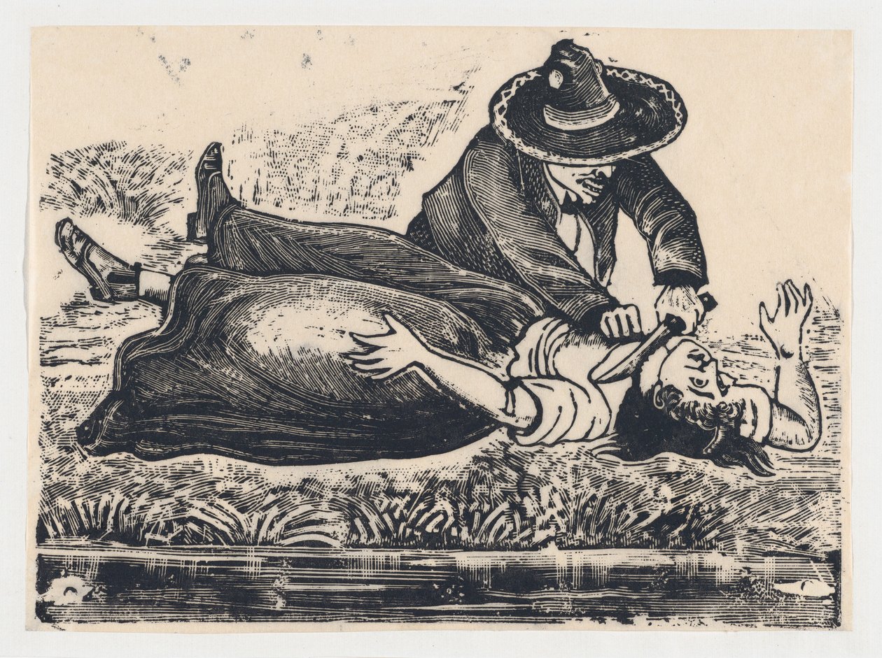 Francisco Guerrero, the waistcoat maker and cut throat, murdering a woman, ca. 19..., ca. 1905-1910.    1167162   pl       polish Successfully Translated  Original: Titelpagina voor Omnium pene Europae, Asiae, Aphricae, Americae gentium habitus Omnium pene autorstwa José Guadalupe Posada