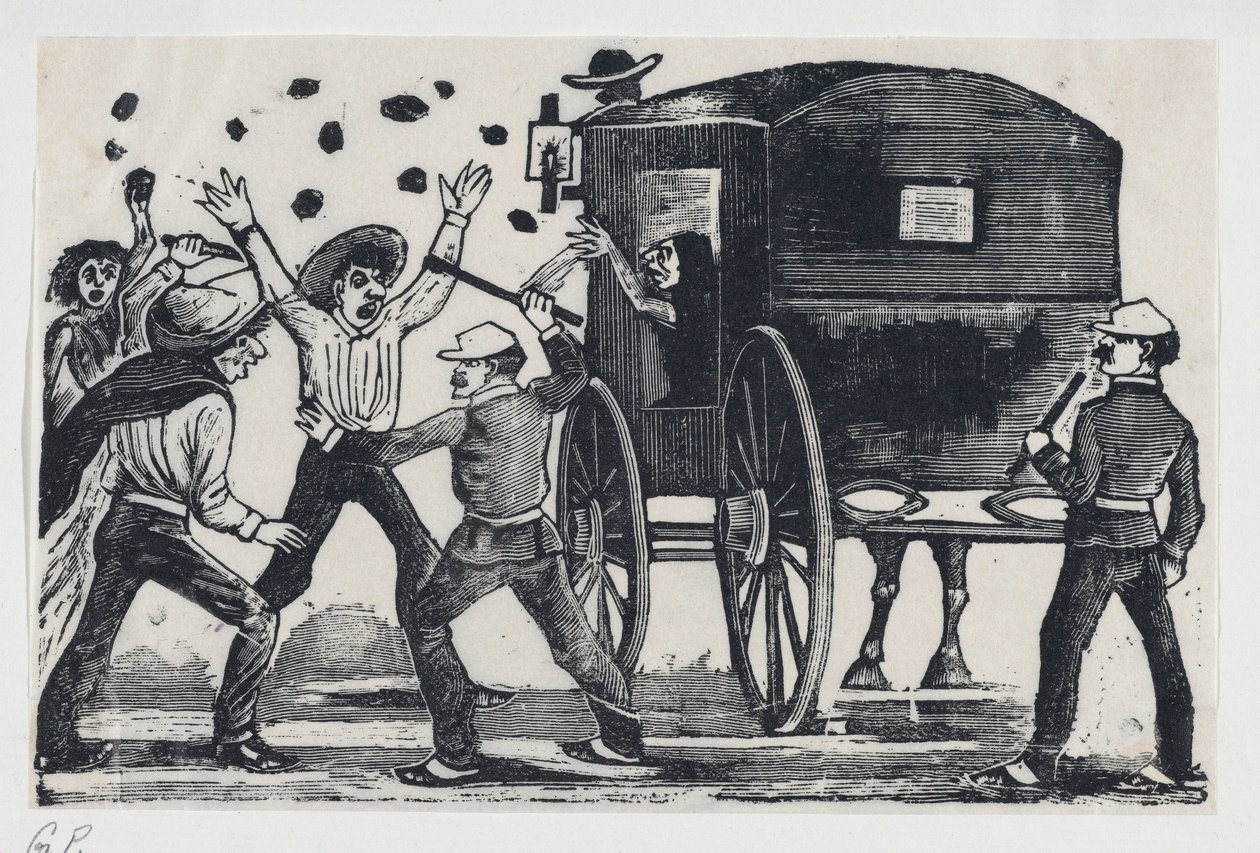 Mężczyźni walczący przy koniu i powozie, ok. godz. 1900-1910., ok. 1900-1910. 1900-1910. autorstwa José Guadalupe Posada