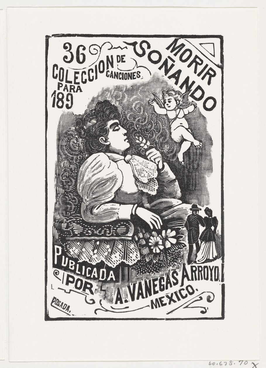 Profil kobiety siedzącej na krześle z odwróconą głową i trzymającej kwiat, il..., ca. 1890. autorstwa José Guadalupe Posada