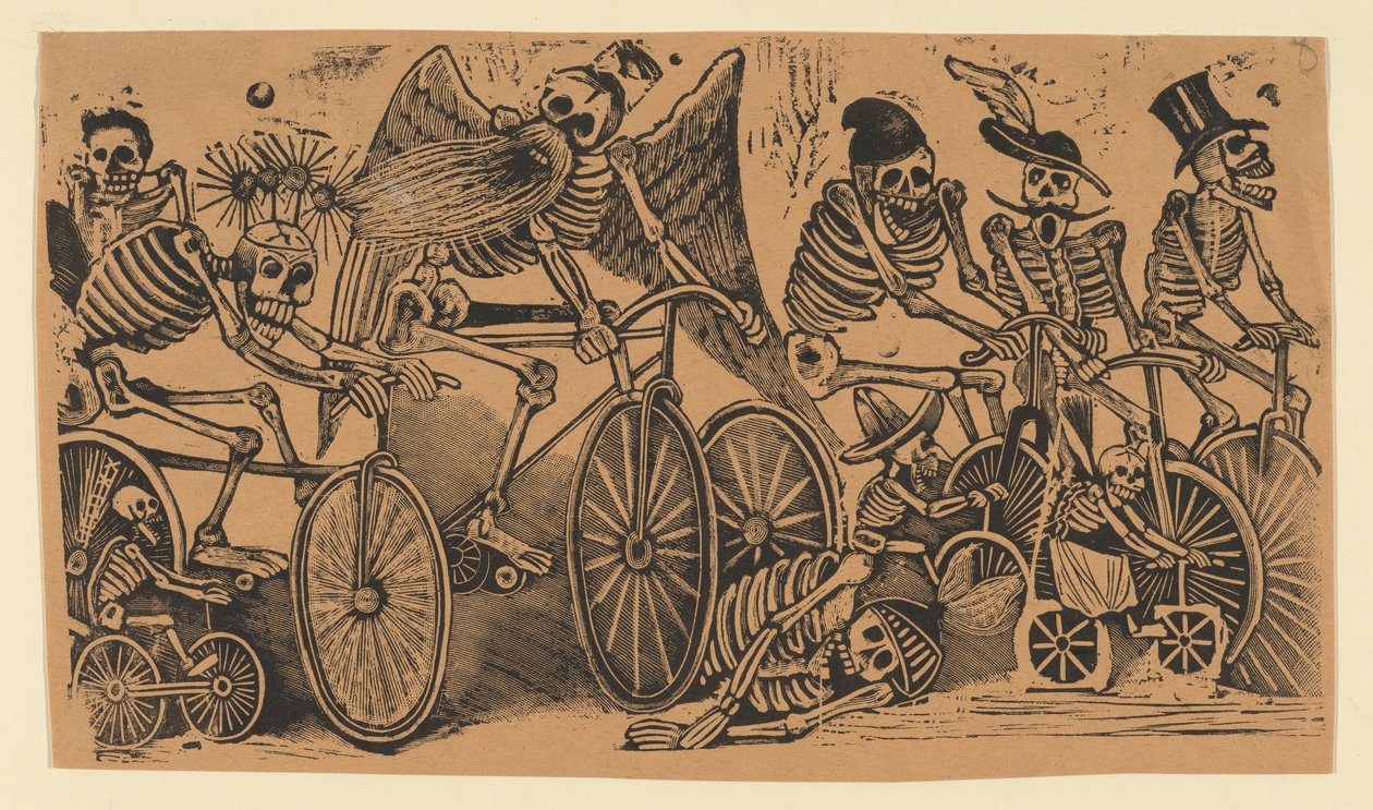 Szkielety kalaveras jeżdżące na rowerach, ca. 1900 r., ok. 1900 r. 1900. autorstwa José Guadalupe Posada
