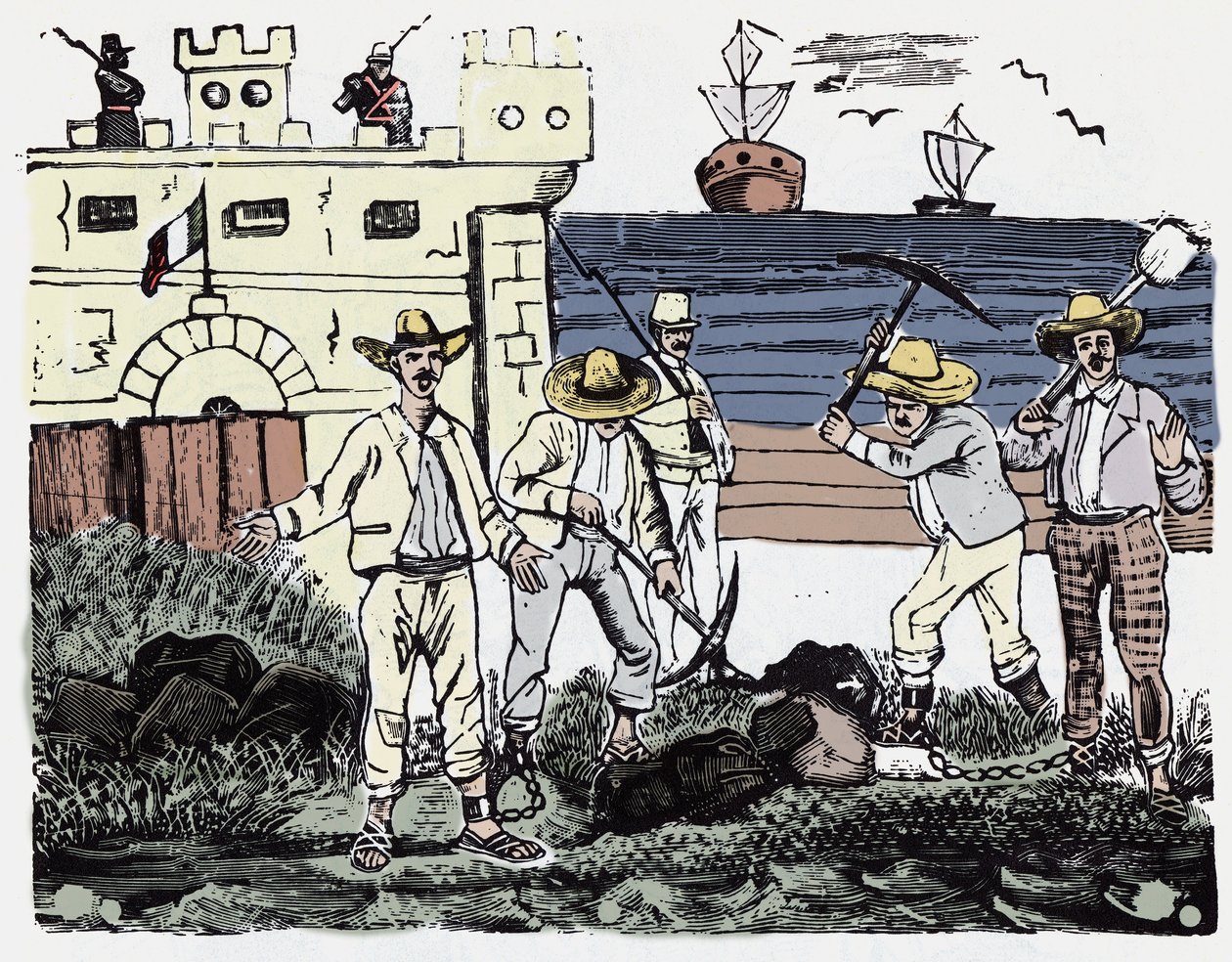 Rewolucja Meksykańska (1910-1920): Grupy więźniów przy pracy przymusowej - ksylografia Jose Guadalupe Posada (1852-1913) autorstwa José Guadalupe Posada