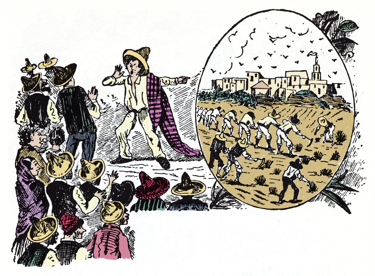 Rewolucja Meksykańska (1910-1920): historia ciężkiej pracy jednego z robotników w Valle Nacional, ok. 1908 - Ksylografia Jose Guadalupe Posady (1852-1913) autorstwa José Guadalupe Posada