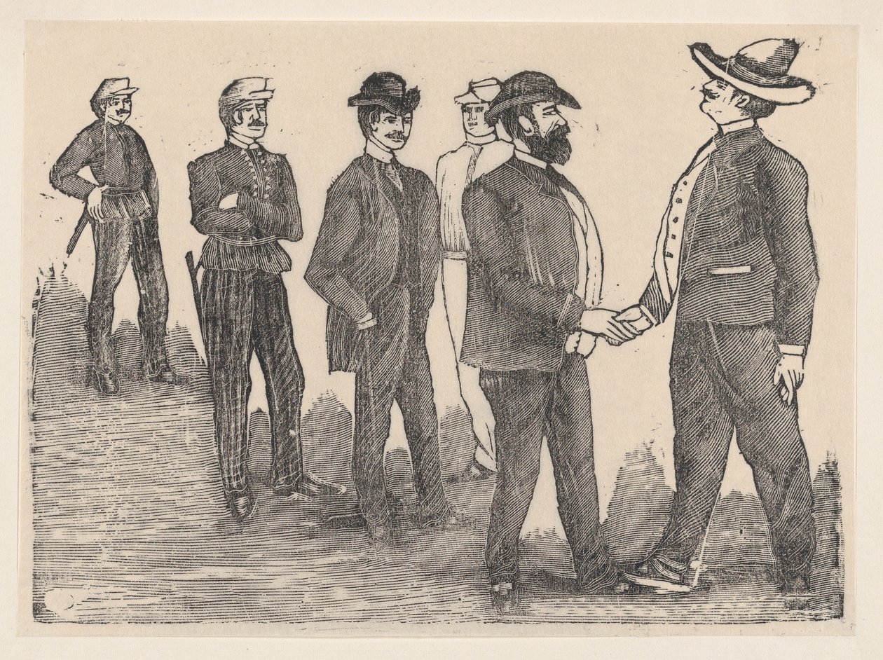 Dwóch mężczyzn ściskających sobie ręce na pierwszym planie i oficerów obserwujących ich w tle..., ok. godz. 1880-1910. autorstwa José Guadalupe Posada