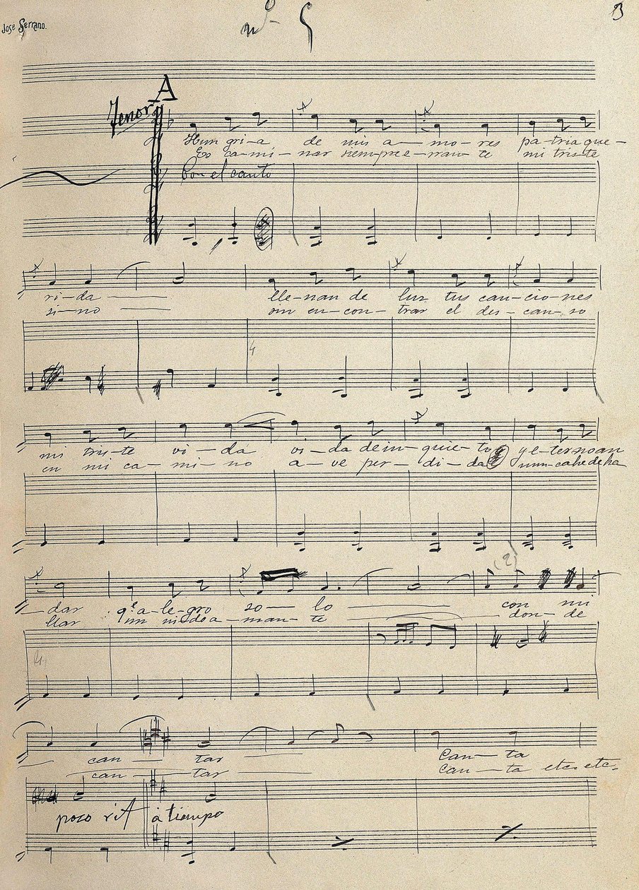 Oryginalny rękopis romansu na tenor zarzueli, „Alma de Dios”, Jose Serrano (1873-1941) autorstwa José Serrano