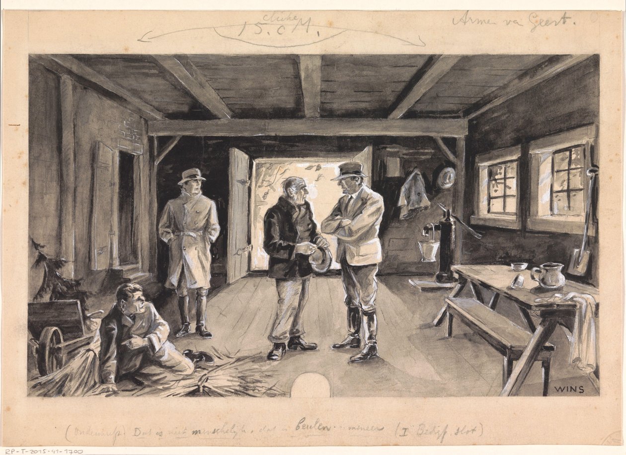 Mężczyźni rozmawiają w stodole autorstwa Jos Wins (signed by artist)