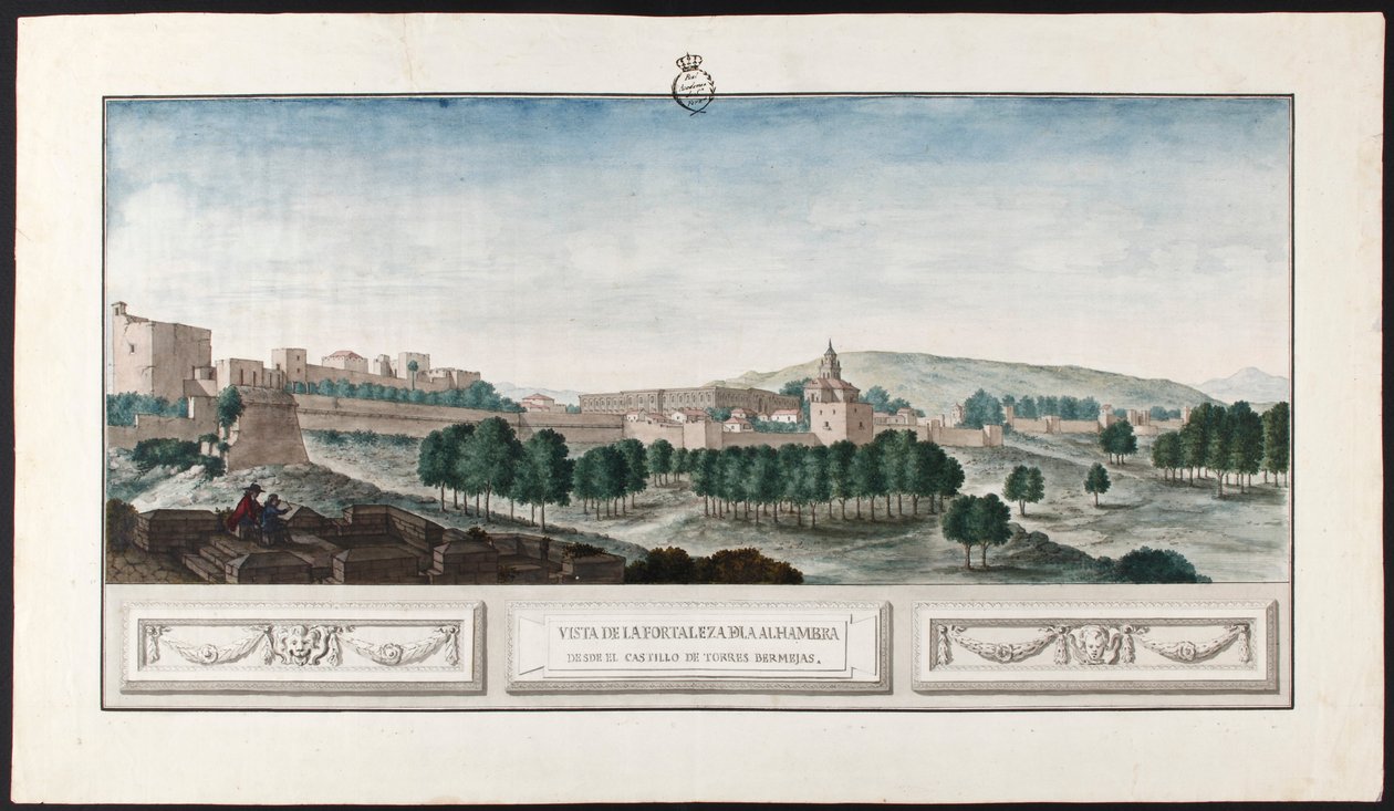 Widok na Alhambrę w Granadzie z zamku Torres Bermejas autorstwa José de Hermosilla