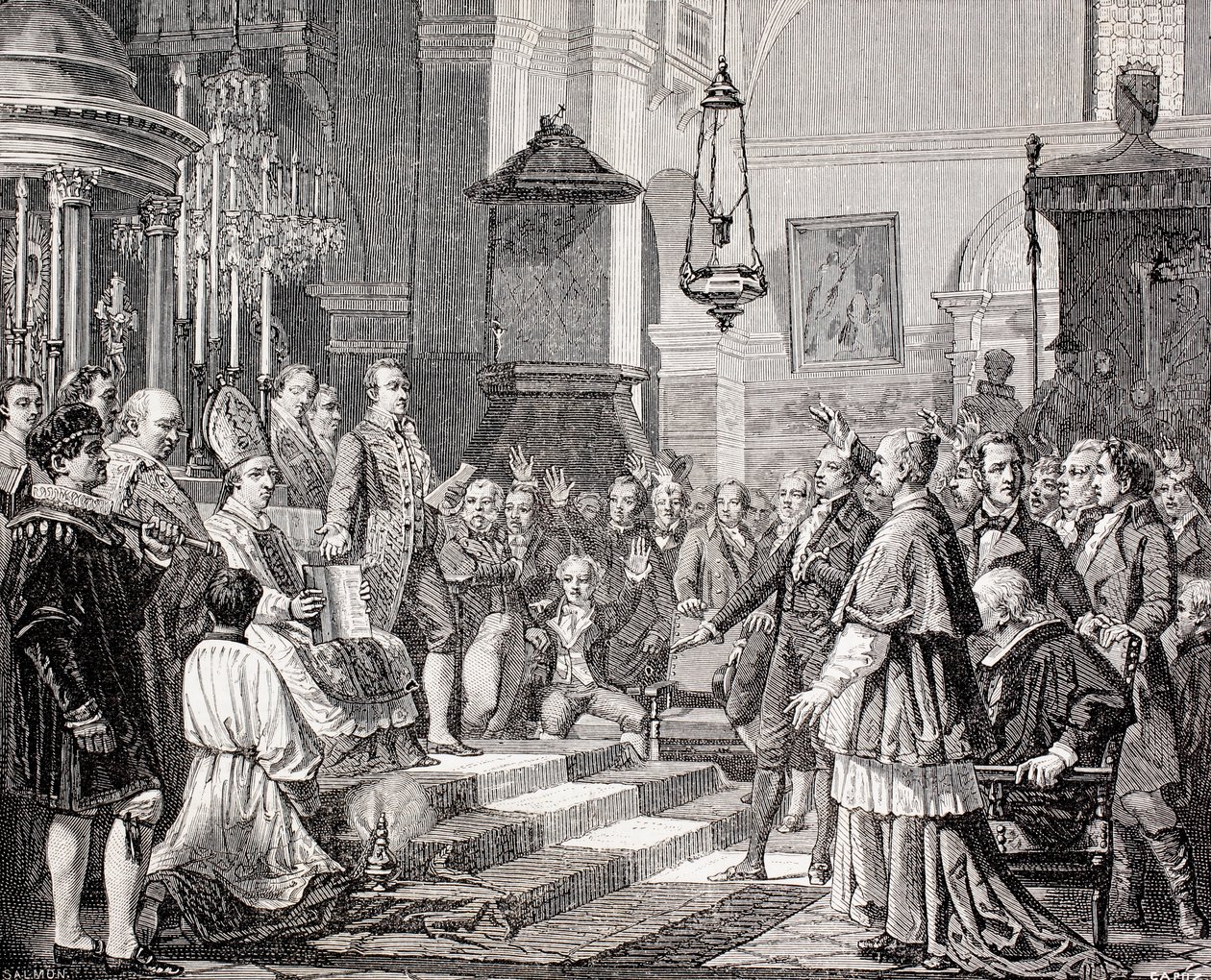 Zaprzysiężenie deputowanych podczas sesji inauguracyjnej Kortezów Kadyksu, Hiszpania, 1810, z „Muzeum Uniwersalnego”, rycina Tomasa Carlosa Capuza (1834-99) i Salmona, opublikowana 1862 autorstwa Jose Casado de Alisal
