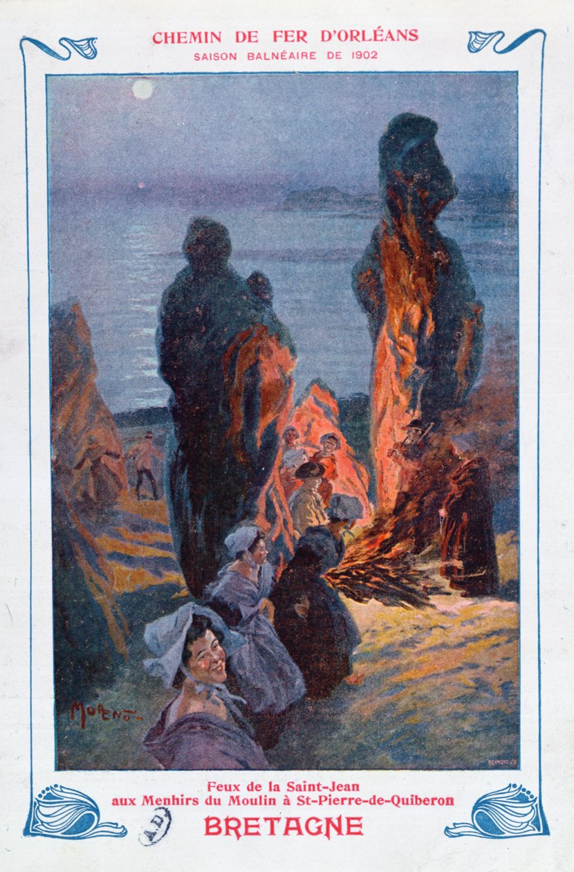Ogniska rozpalone z okazji przesilenia letniego w Saint-Pierre-de-Quiberon, Bretania, plakat reklamowy kolei Orleans, 1902 autorstwa Jose Moreno Carbonero