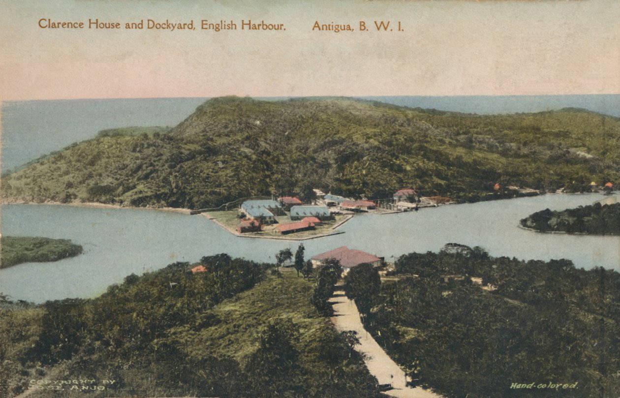 — Dom i stocznia Clarence, angielski port. Antigua, BWI”, początek XX wieku. autorstwa Jose Anjo