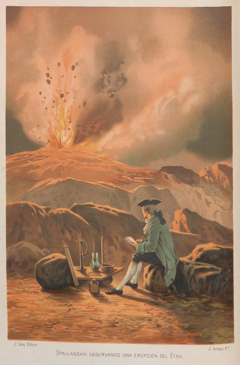Lazzaro Spallanzani obserwujący erupcję Etny. Od: Nauka i jej ludzie, 1879. autorstwa Jose Armet Portanell