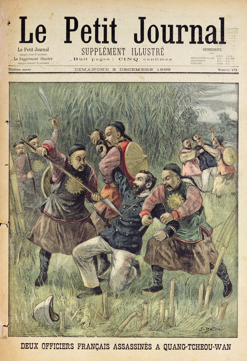 Dwóch francuskich oficerów zamordowanych w Quang-Tcheou-Wan przez Chińczyków, strona tytułowa z „Le Petit Journal”, 3 grudnia 1899 (kolorowe grawerowanie) autorstwa Jose Belon