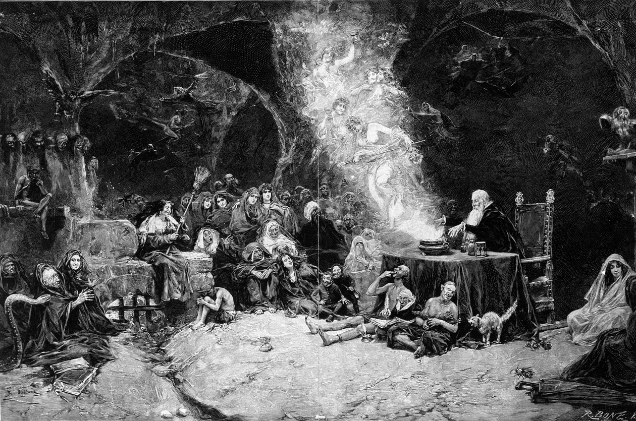 Scena szabatu, czarownik przewodniczy ceremonii przywołującej stworzenia w magicznym kotle. Na miejscu pojawiają się czarownice. Z rysunku Jose Benlliure y Gila (1855-1937) autorstwa Jose Benlliure y Gil