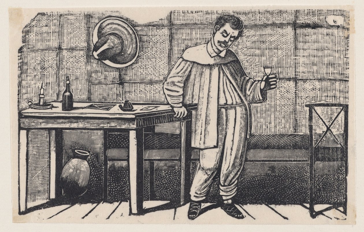 Mężczyzna ze szklanką w dłoni, spoglądający w dół i opierający się o stół, ilustracja z „El huérfano” autorstwa José Guadalupe Posada
