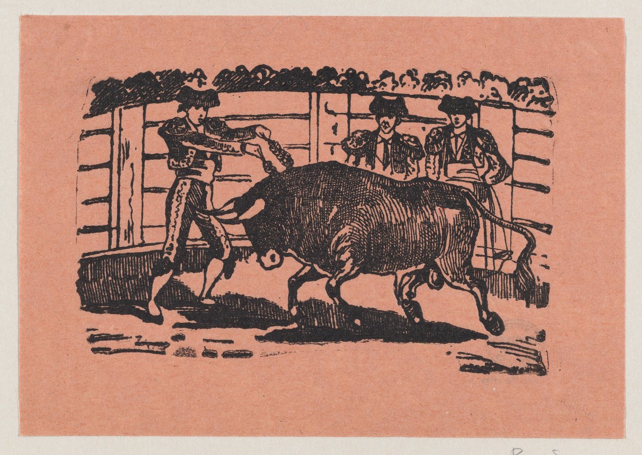 Ein Torero platziert Banderillas in die Schultern des Stiers, während zwei Männer hinter dem Stier stehen autorstwa José Guadalupe Posada