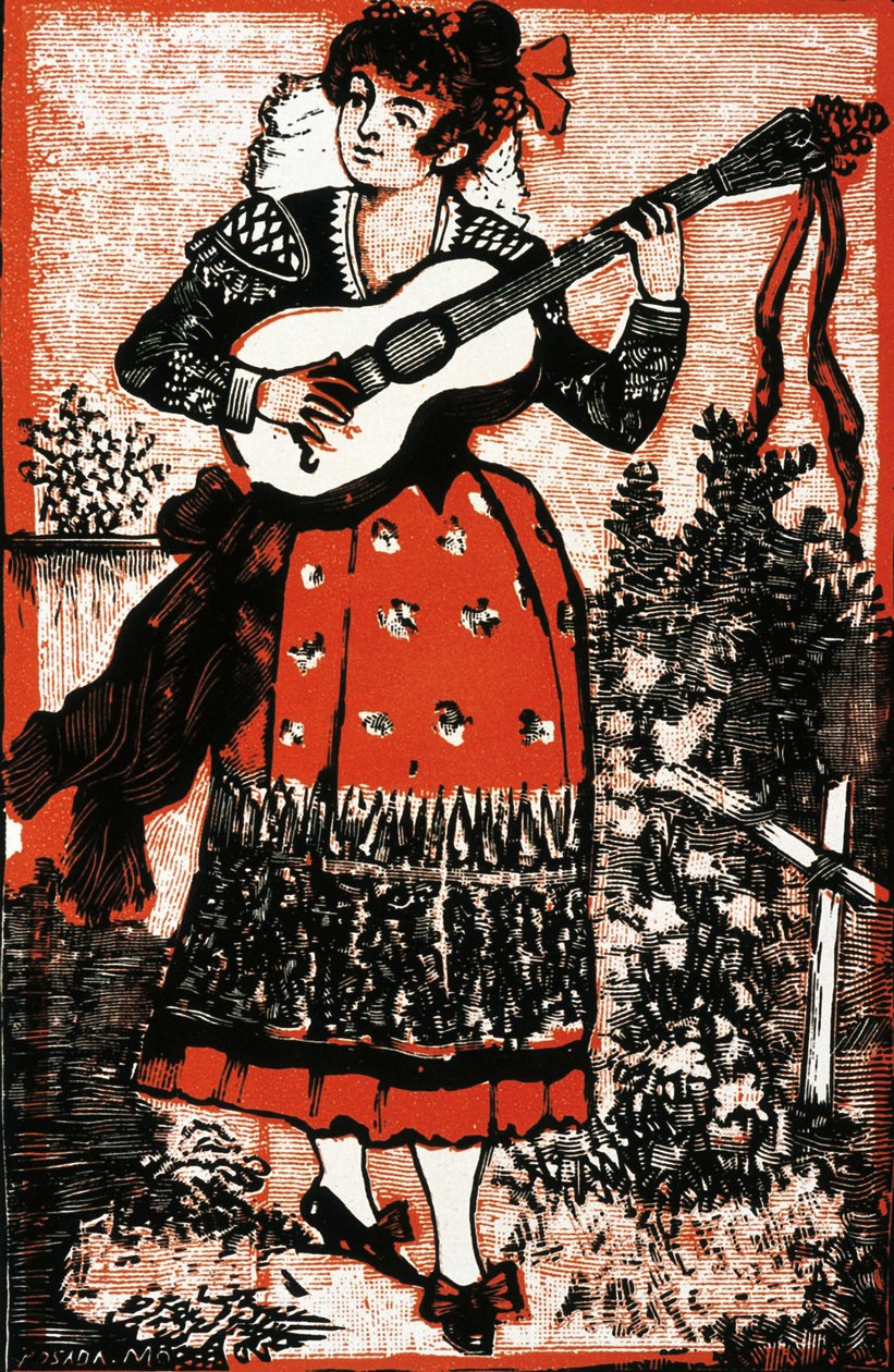 Okładka śpiewnika przedstawiającego meksykańską kobietę z gitarą. Grawerowanie Jose Guadalupe POSADA (1852-1913). Rytownictwo autorstwa José Guadalupe Posada