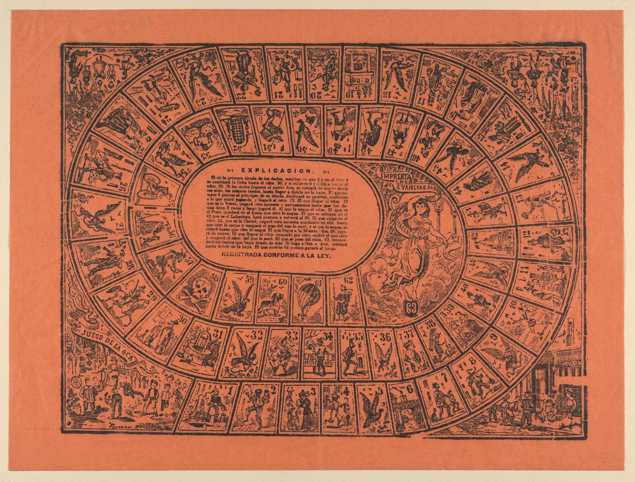 Gänsespiel (mit den Regeln in der Mitte gedruckt) autorstwa José Guadalupe Posada