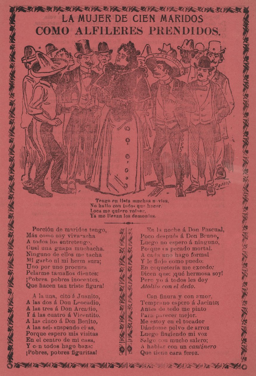 Die Frau mit hundert Ehemännern - Wie festgesteckte Nadeln autorstwa José Guadalupe Posada