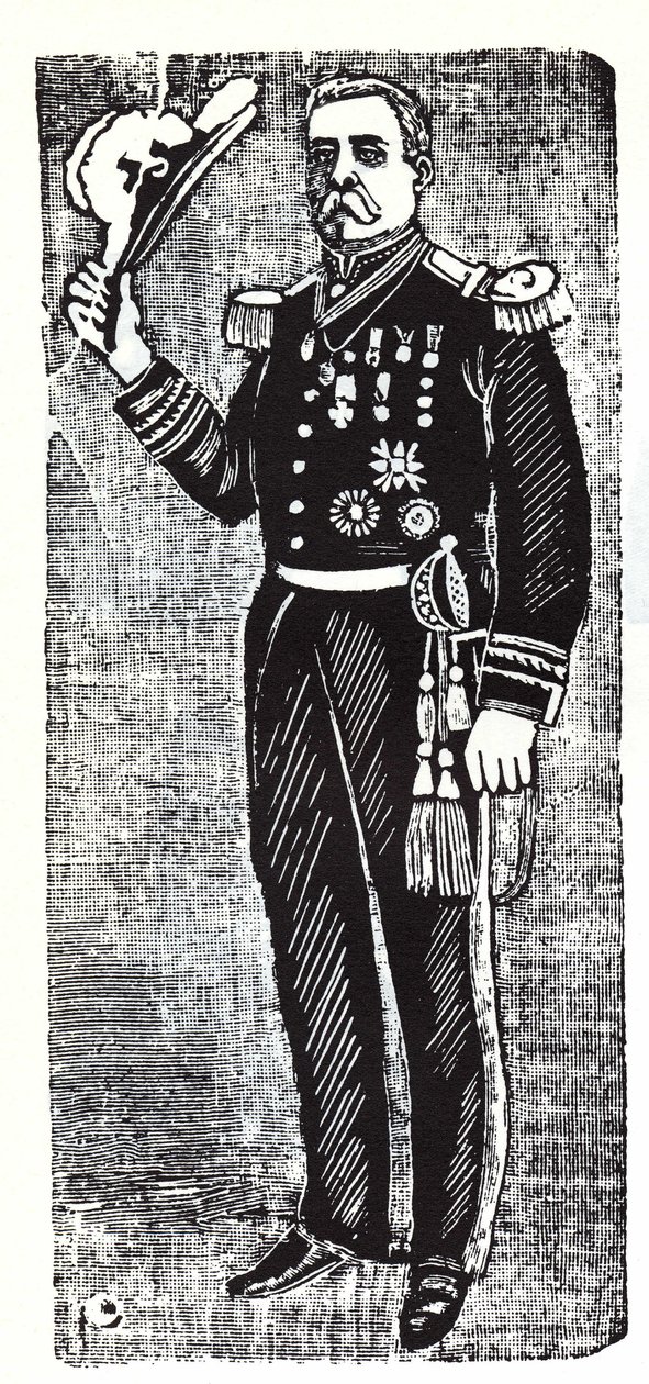 Portret Porfirio Diaza (1828-1915), prezydenta Republiki Meksyku. Ksylografia – Jose Guadalupe Inn (1852-1913). autorstwa José Guadalupe Posada