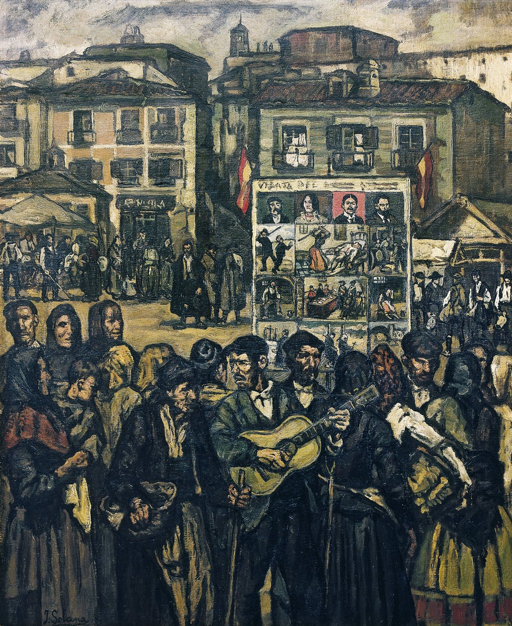 GUTIERREZ SOLANA, Jose (1886-1945). El cartel del crimen (El musico ciego) - kartel przestępczy (ślepy muzyk). ok. 1920. (78 x 64 cm). Olej na płótnie. Kolekcja prywatna autorstwa Jose Gutierrez Solana