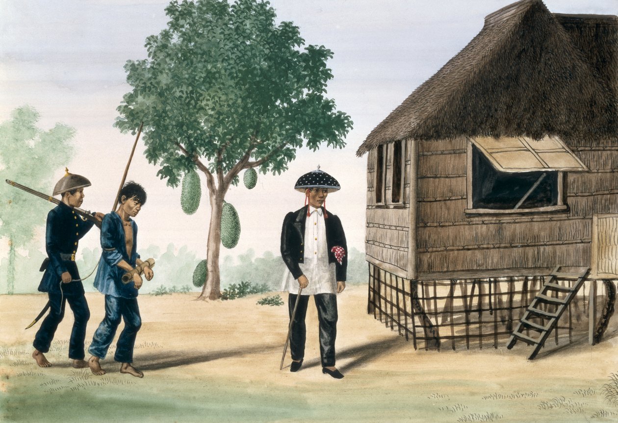 Więzień wyprowadzony przez policjanta i radnego, z „Albumu poglądów Flebusa w Manili i wokół niej”, c.1845 autorstwa Jose Honorato Lozano