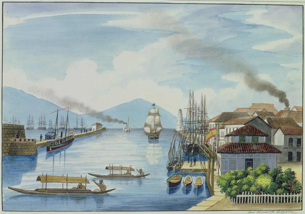 Ujście rzeki Passig , z „Album Flebus poglądów w Manili i wokół niej”, c.1845 autorstwa Jose Honorato Lozano