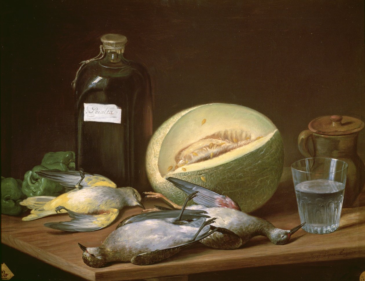 131-0059638 Martwa natura z melonem i ptakami autorstwa Jose Lopez Enguidanos