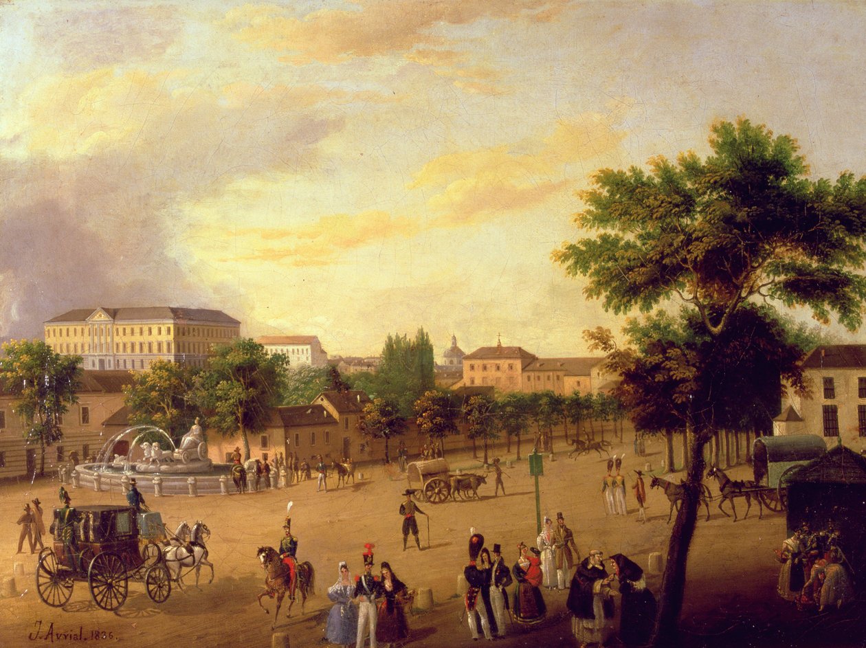Widok na fontannę Cibeles i pałac Buenavista w Madrycie autorstwa Jose Maria Avrial Y Flores