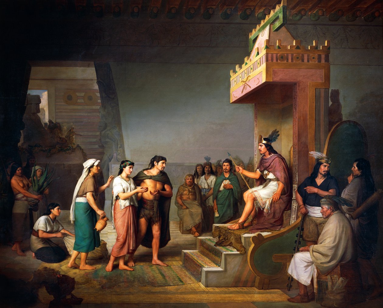 Odkrycie pulque, mezoamerykańskiego napoju alkoholowego, olej na płótnie Jose Maria Obregon (1832-1902) autorstwa José María Obregón