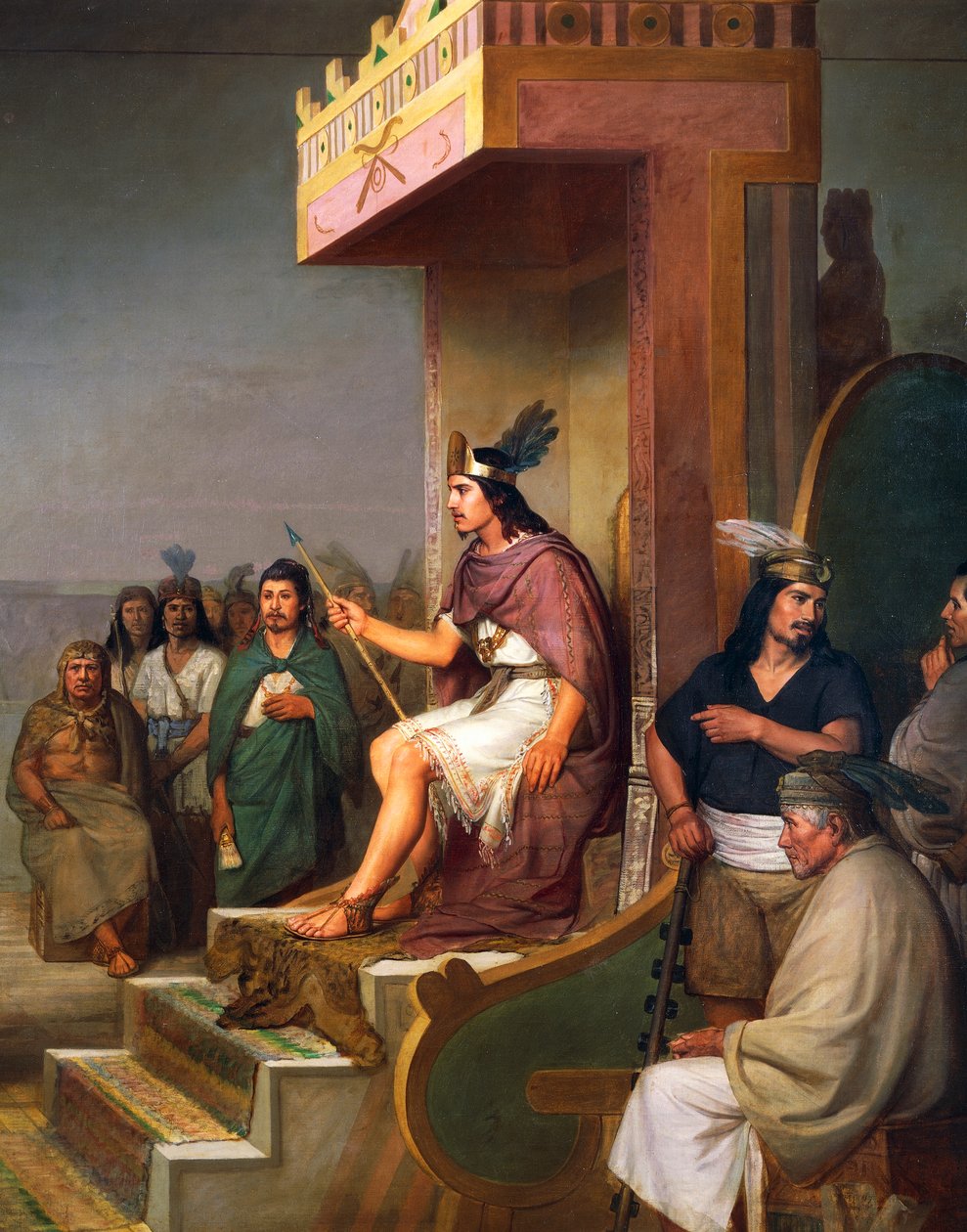 Cesarz na tronie, fragment z Odkrycia pulque, mezoamerykański napój alkoholowy, olej na płótnie Jose Maria Obregona (1832-1902) autorstwa José María Obregón