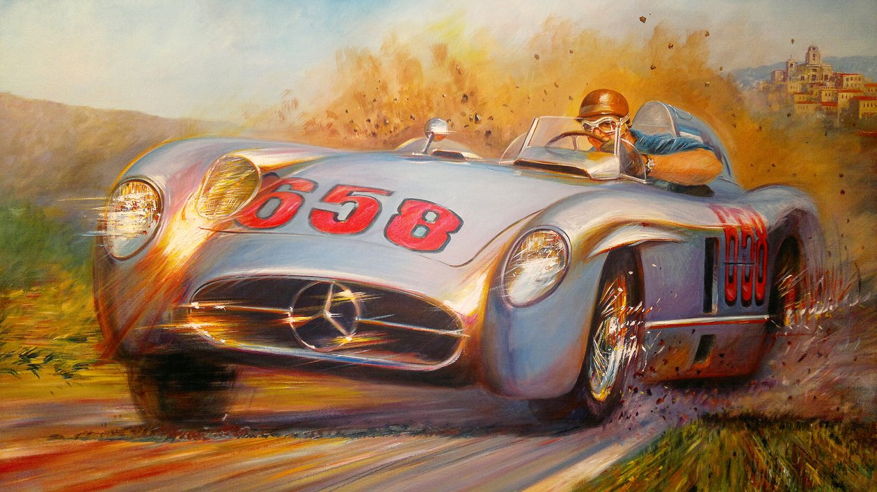 W Mille Miglia Juan Manuel Fangio, Mercedes Benz 300 SL autorstwa Jose Maria Villafuerte