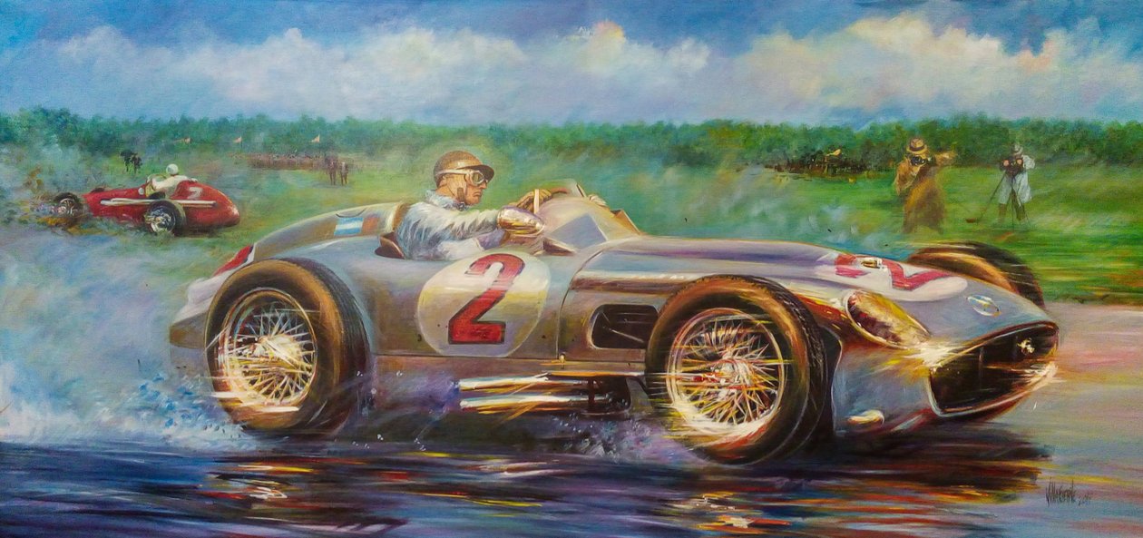 Juan Manuel Fangio, City of Buenos Aires Grand Prix 1955, Argentyna, Mercedes Benz 196 W. (akryl na płótnie) autorstwa Jose Maria Villafuerte